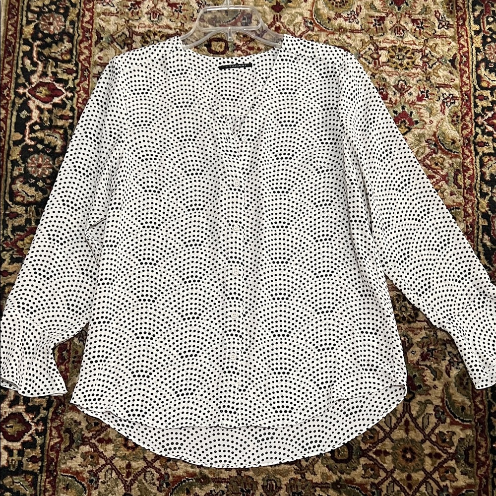 T Tahari White Blouse with Black Polka Dots Size Medium